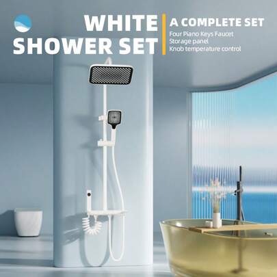 White Shower System, 4 Function Piano Keys Shower Faucet Set, Bathroom Shower Head, Handheld Spray, Wall Mounted Outdoor Bathroom Shower Set, Shower Faucet, Multi-Function Bathroom Shower Combination Shower Head Set, Bathroom Accessories