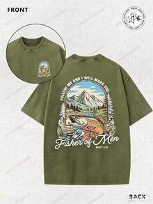 Matthew's Gospel, Fishing, Fisherman, Religion, 230g Double-Sided Printed Batik Vintage Washed T-Shirt, 100% Cotton, Comfortable For Summer Wear, Simple And Casual, Men's Cool Short-Sleeve T-Shirt - 綠色 - 查看 2