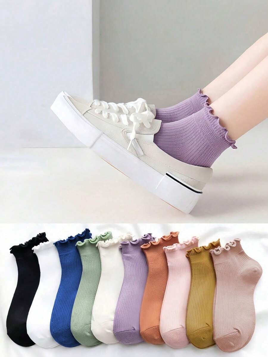 4/10 Pairs Random Lace Women's Socks, Spring Summer Autumn Thin Fashion Short Socks, Soft Breathable Socks Suitable For Back To School Season Gifts - Multicolor - View 1