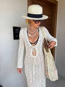 2026 New Arrival Women's White Deep V-Neck Tie-Waist Knit Maxi Dress, Flare Sleeve Design, Floor-Length Hem, Beach Resort Spring/Summer Style Vacation - White - View 6