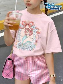 Ariel Disney Princess Disney Cute Print Summer Tops,Disney Kids,Graphic Tee,Perfect For Cute Girls. Teen Girl Gift,Tween Summer Clothes,Comfortable And Breathable Children's Short-Sleeved T-Shirt. Suitable For Both Boys And Girls.Suitable For Daily Wear, Vacations, Outdoor Activities, And As A Children's Gift. - Hồng - Xem 2