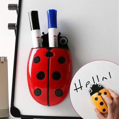 1pc Ladybug Magnetic Pen Holder, Blackboard & Whiteboard Felt Pen Cup, Cartoon Plastic Storage Box For Home Decor, Office Supplies, Wonderful Holiday Gift