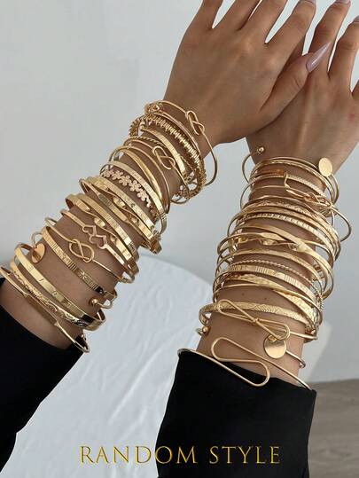 18pcs/15pcs/12pcs/5pcs Vintage Elegant Casual Metal Hollow Heart, Floral, Bow, Twist Bangle Bracelets, Suitable For Daily Wear, Party, Vacation, Gift (Random Styles)