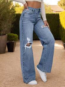 Pantalones Vaqueros Mujer, Jeans Holgados con Rotos Estilizados, Comodidad Total para Ciudad y Moda Juvenil, Jeans casuales y versátiles de pierna ancha para todos los días - Azul - Ver 3