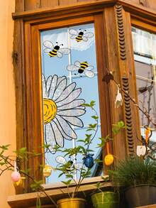 1pc Sunflower & Bee Window Sticker, Bee Flower Rainbow Window Film, Colorful Double-Sided Static Cling Window Decal For Glass, Suction Cup Decoration, Anti-Collision Window Sticker, Suitable For Home Bedroom Living Room Window Decor - A - View 7