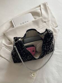 Túi xách nữ thời trang, túi đeo vai hình trăng khuyết đính sequin. - màu đen - Xem 6