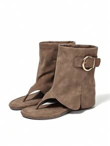 棕色条纹绑带凉鞋，女士低跟圆头套脚休闲沙滩度假通勤日常街头办公时尚凉鞋 - 棕色 - 查看 6