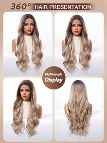 Peluca sintética de onda corporal de 26 pulgadas 13*4 con encaje frontal para mujeres, con reflejos de rubio ceniza a marrón ombre, de aspecto natural y resistente al calor para uso diario, fiestas y vacaciones - Multicolor - Ver 10