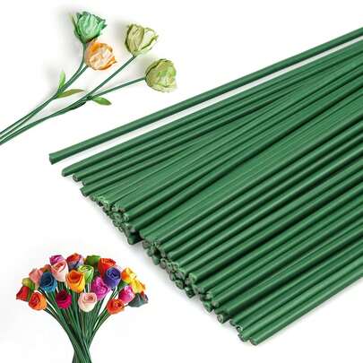 64pcs/Set Metal Flower Stems, 11-Inch Metal Rods, Green Tapes, Green Flower Shaped Metal Stems, For Making Paper Flower Wreaths, Handmade, Green Flower Stems, DIY Bouquet Making, Floral Decor & Arrangement, Floral Craft, Wedding Bouquet Decor