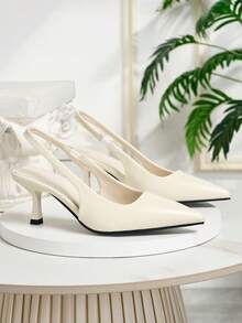 High-Quality Formal Women's Shoes, Fashionable And Elegant Nude Patent Leather High Heels With Pointed Toe, Low-Cut Open-Back Stiletto Pumps, Comfortable European And American Style Commuter Shoes, As Well As New Spring/Summer PU Leather Elegant White High Heels, Suitable For Banquets, Weddings, Dances And Dates. - White - View 4