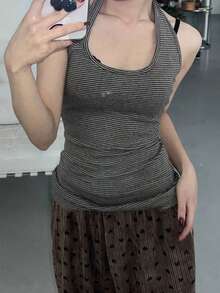 U-Neck Halter Slim-Fit Striped Camisole, Minimalist Versatile Layering Top For Women Casual Summer - Grey - View 1
