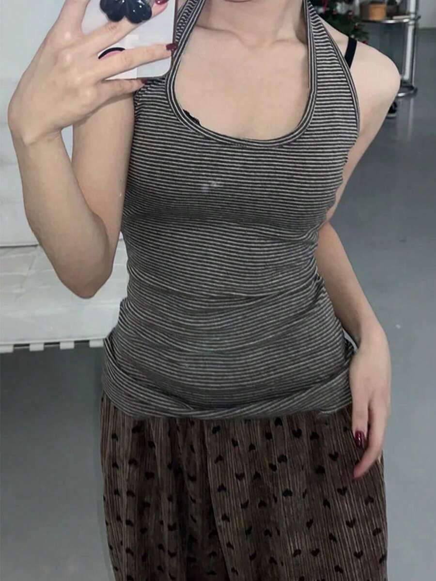 U-Neck Halter Slim-Fit Striped Camisole, Minimalist Versatile Layering Top For Women Casual Summer - Grey - View 1