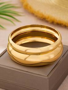 2pcs Minimalist Glossy Gold-Plated Metal Bangle Bracelets For Women - Yellow Gold - View 2