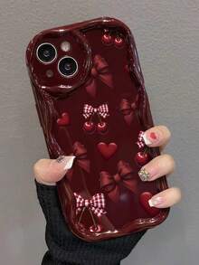 樱桃领结彩绘平纹印花酒红色奶油色图案彩绘软壳，适用于 17/17 Pro Max/ 16/ 16 Pro/ 16 Pro Max/ 15/XR/7P/8P/P12 Pro Max/P13 Pro Max/P14 Pro Max/P13/P14/P11/P12/P14，可爱时尚加厚手机壳保护套，适用于 XS/S/XS Max/78GES2 - 彩色 - 查看 4