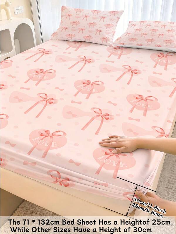 2/3PCS Pink Bow Heart Fitted Sheet Set, Soft Microfiber Bed Sheet With Pillowcases, Cute Coquette Aesthetic Bedding For Girls Girl Bedroom, Twin/Full/Queen/King Size
