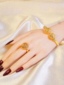 Bộ trang sức nữ phong cách Bohemian 2 món, gồm vòng tay dạng kiềng hở bất đối xứng hình học có họa tiết và nhẫn điều chỉnh được, thích hợp làm phụ kiện hàng ngày, đi nghỉ mát, hẹn hò, mua sắm, dự tiệc, quà tặng cho mẹ, vợ, bạn gái. - Vàng - Xem 5