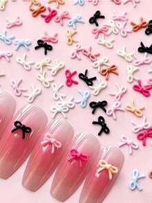 100pcs Kawaii Bowknot 3D Nail Charms Bulk Mix Colors Flatback Resin Hollowed Ribbon Bow Nail Art Decoration For DIY Nails Ornaments - Multicolor - View 2