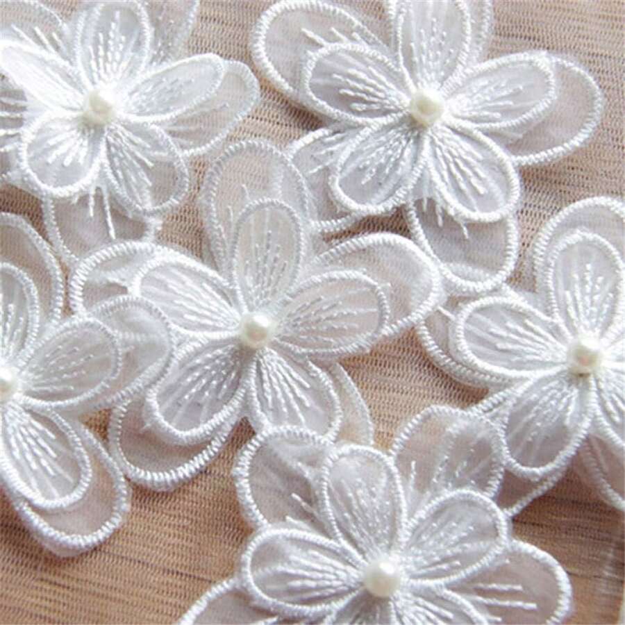 10pcs 3D Pearl Lace Flower Embroidered Patches, Double-Layer Tulle Flower Decor Accessories For Wedding Dress DIY - Cloth Patch - View 1