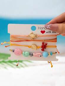 4pcs/Set Handmade Bohemian Style Ocean Theme Turtle, Red Lobster, Fish Pendant Bracelets, Suitable For Summer Beach Boho Accessories - Multicolor - View 2