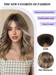Tóc giả dài trung bình, 20 inch, màu vàng óng ánh, kiểu gợn sóng, có mái, chất liệu sợi tổng hợp chịu nhiệt dành cho nữ, thích hợp sử dụng hàng ngày, đi làm, dự tiệc, Halloween, Giáng sinh, Lễ Tạ ơn, đám cưới, dạ hội, hẹn hò, sinh nhật, kỳ nghỉ. Tóc giả cao cấp chất liệu sợi tổng hợp, kiểu dáng tự nhiên, thoải mái, dài trung bình, kiểu gợn sóng, thích hợp cho nữ, dự tiệc, cosplay, màu vàng hoe. - Làm nổi bật tóc vàng - Xem 7