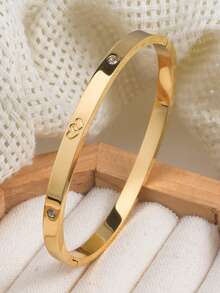 1件装不锈钢锆石双心手镯，简约优雅设计，适合女性日常佩戴，节日礼物 - 金黃色 - 查看 5