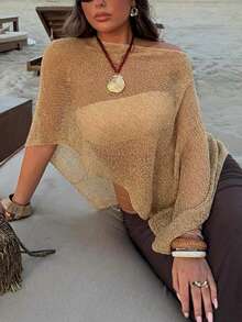 女士薄纱针织上衣，圆领，短袖，不对称下摆，常规长度，中等弹力，适合度假、办公、派对等场合。 - 卡其色 - 查看 5