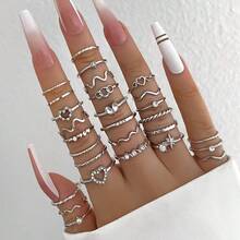 28件套极简主义水钻心形波浪设计银色几何关节戒指 - 28件式愛心戒指 - 查看 13