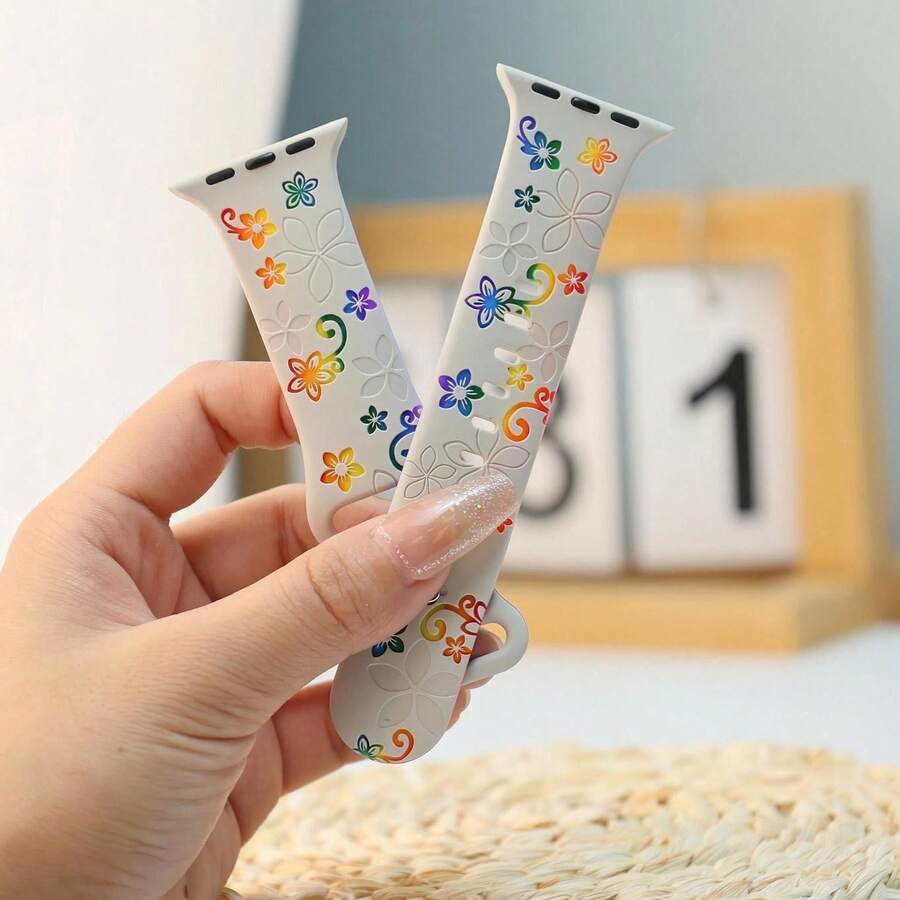 女士彩虹花卉雕刻软硅胶运动表带,兼容 38mm 40mm 41mm 42mm 44mm 45mm 49mm,S10 42mm 46mm,适用于 Ultra 2/1 SE Series 11 10 9 8 7 6 5 4 3 2 1,可爱时尚表带,完美礼物 - 彩虹-1 - 查看 1