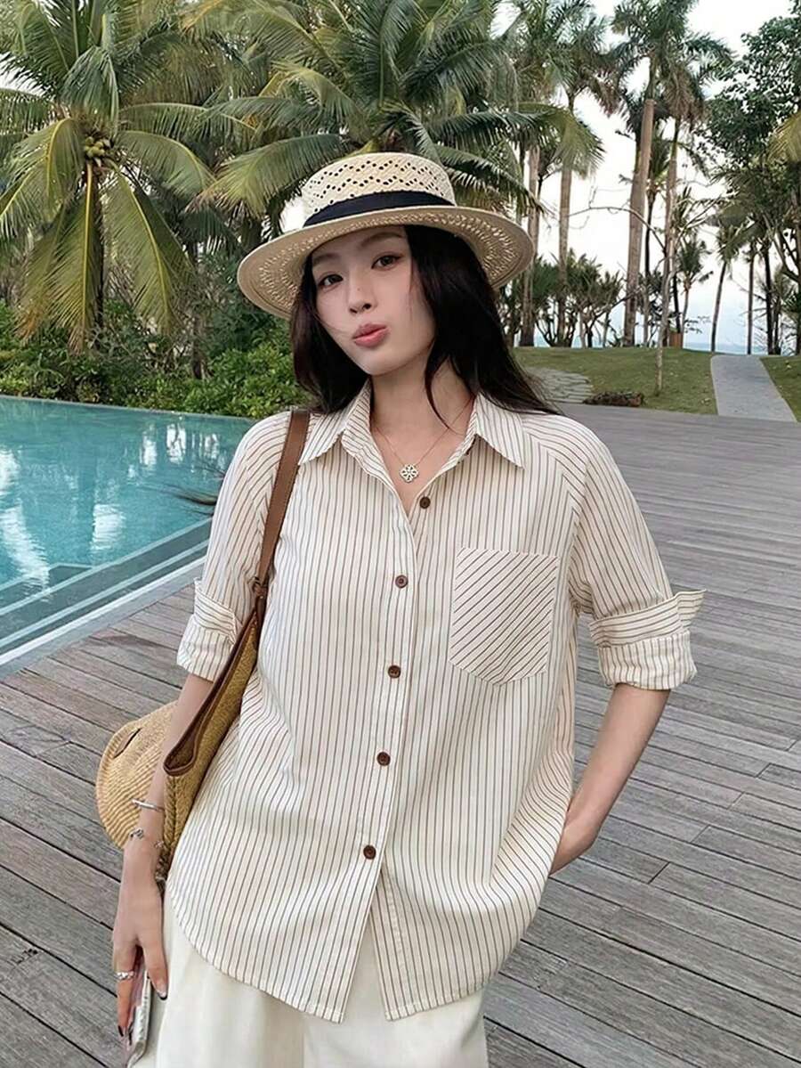 Áo sơ mi dáng rộng, cổ bẻ, một túi, màu mơ nhạt, kẻ sọc, thích hợp mặc đi làm, kiểu dáng thoải mái và tôn dáng. - Sọc mơ - Xem 1