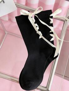 1 Paar/2 Paar Damen Schwarz & Weiß Spitze Schleifenband Dekor Socken, japanischer Lolita Stil süße Kniestrümpfe für Frühling & Herbst - Schwarz und Weiss - Übersicht 7