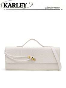 Bolsa Clutch Feminina com Estampa de Cobra Vermelha, Bolsa de Noite Elegante Minimalista Texturizada e Versátil, Bolsa Quadrada Pequena, Bolsa com Fecho de Trava, Clutch Envelope, Bolsa Baguete Horizontal, Bolsa Pequena Vintage, Bolsa Transversal de Ombro de Nicho, Bolsa Casual, Bolsa Pequena para Deslocamento (Padrão Aleatório) - Branco - Visão 1