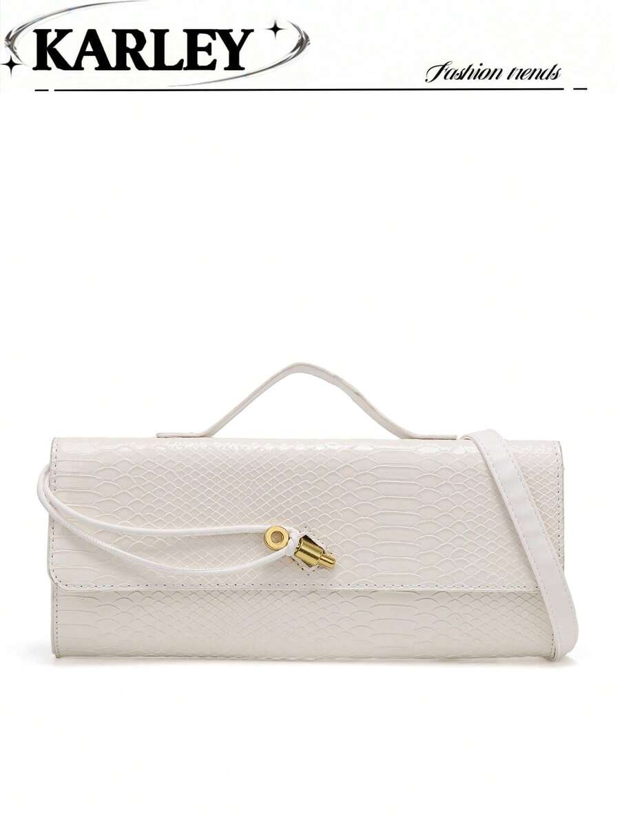 Bolsa Clutch Feminina com Estampa de Cobra Vermelha, Bolsa de Noite Elegante Minimalista Texturizada e Versátil, Bolsa Quadrada Pequena, Bolsa com Fecho de Trava, Clutch Envelope, Bolsa Baguete Horizontal, Bolsa Pequena Vintage, Bolsa Transversal de Ombro de Nicho, Bolsa Casual, Bolsa Pequena para Deslocamento (Padrão Aleatório) - Branco - Visão 1