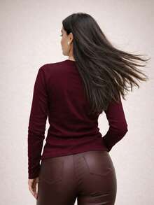Long-Sleeved Flannel Blouse For Women, Ribbed Knit, V-Neck, Casual, Elegant, Chic, Basic, Comfortable, Warm, Fashionable, , Autumn/Winter 2026, Burgundy. - 紫紅色 - 查看 4
