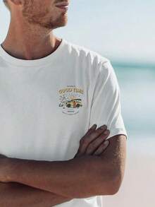 Camiseta de manga corta para hombres con estampado de auto y letra - Blanco - Ver 7