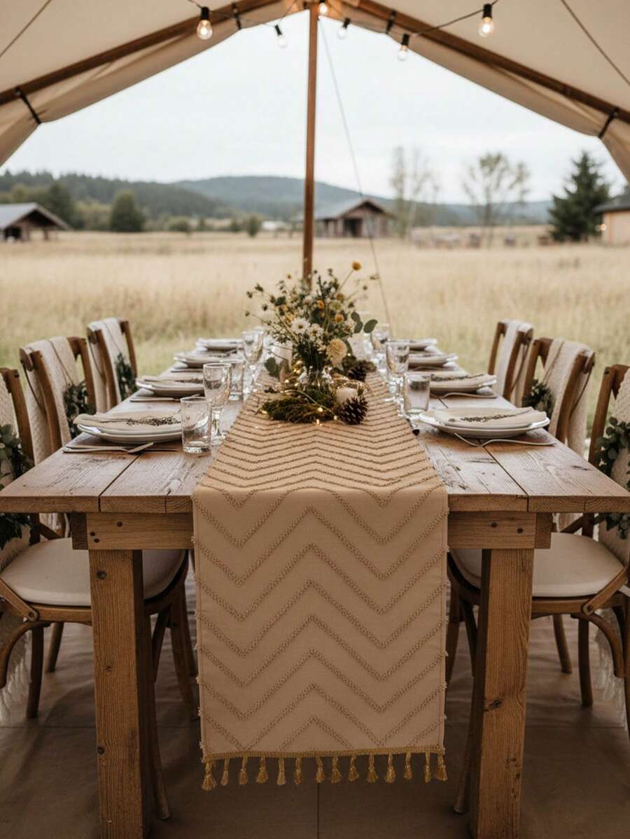 1pc Bohemian Decorative Table Runner, Featuring 3D Wavy Texture Design, Suitable For Wedding, Party, Dining Table And Living Room, Khaki Color With Handmade Tassel Decor - Khaki - View 1