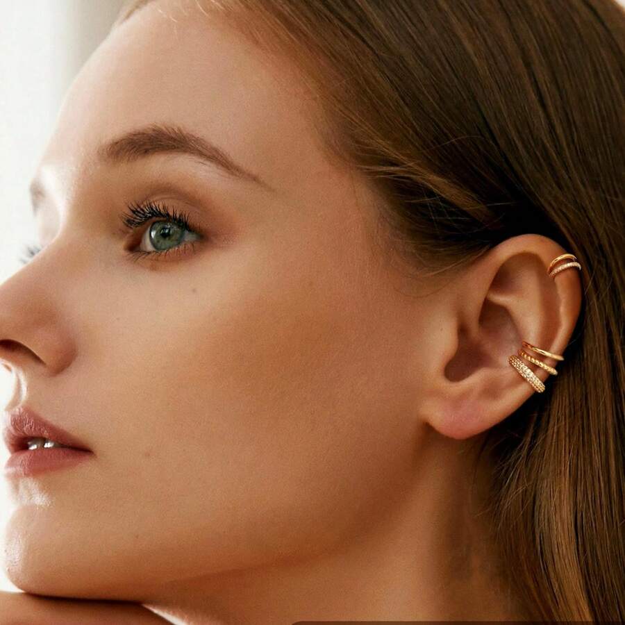 Set de 4 piezas de pendientes de clip para orejas - Adecuado para mujeres sin orejas perforadas, pendientes de cartílago de oreja ajustables - Dorado - Ver 1