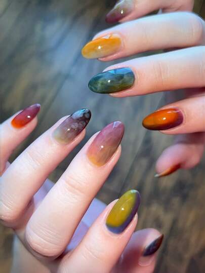 24pcs Tie Dye Almond Shaped Press-On Nails, Colorful Gradient Nail Tips