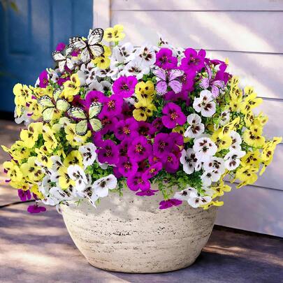 MEHELANY 6束仿真户外花卉，丝绸蝴蝶点缀，三色紫罗兰色，适用于花盆、家居客厅、花园、婚礼、室内外装饰、窗台、墓地装饰、春夏庭院入口装饰