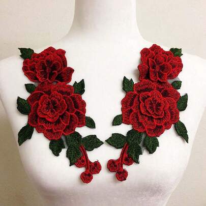 1 par de flores bordadas en 3D para cuello, parches de tela con flores rojas y azules, accesorios decorativos DIY para ropa