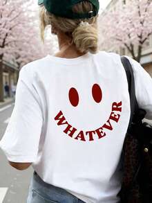 新款夏季女士休闲“WHATEVER”字母和人脸印花圆领灰色短袖T恤，时尚百搭，适合女士春季日常穿着 白色 - 白色 - 查看 6