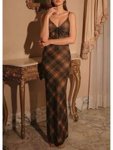 女士休闲卡其色格子无袖中长连衣裙，春夏款 - 咖啡棕 - 查看 4