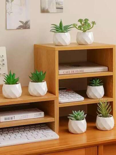 Cây mọng nước giả ít cần chăm sóc trong chậu nhựa PP bền chắc, cây mọng nước nhân tạo chống chịu thời tiết để trang trí trong nhà và ngoài trời, không cần tưới nước, nhiều loại cây mọng nước nhân tạo trong chậu nhựa PP màu trắng hình học không vỡ, cây mọng nước giả mini để trang trí bàn làm việc, phòng ngủ, kệ phòng tắm.