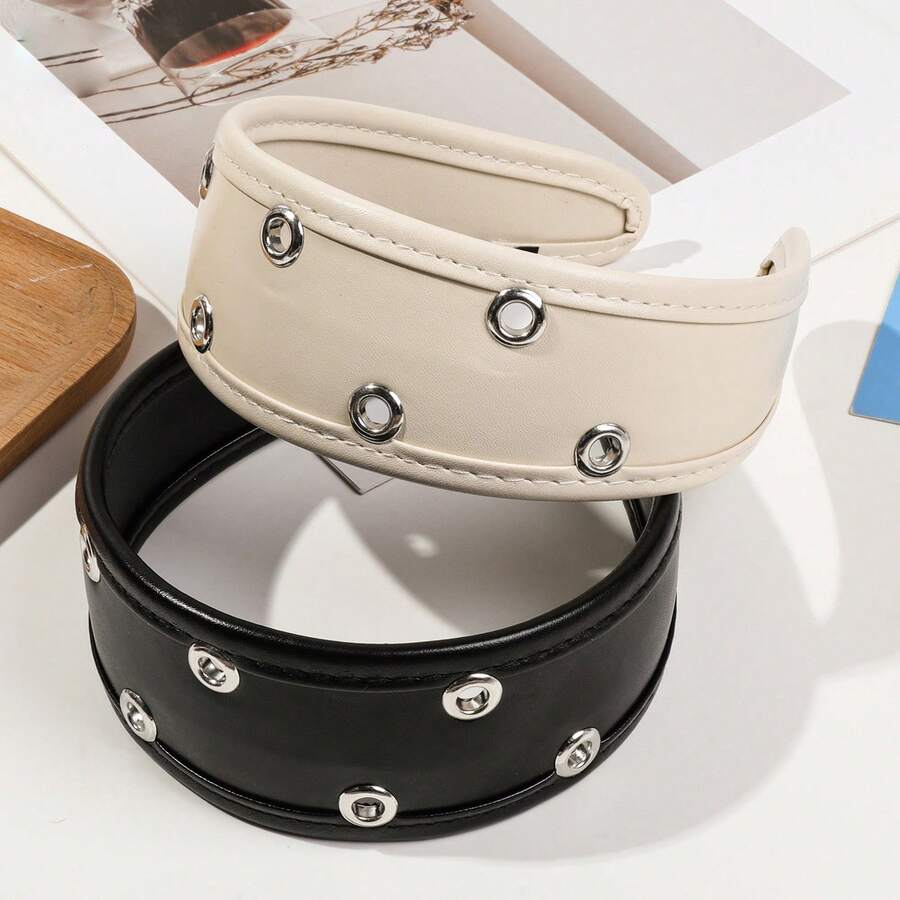 1 chiếc băng đô da bản rộng, phụ kiện cài tóc hình tròn rỗng bằng kim loại kiểu Âu Mỹ mới, phụ kiện tóc thời trang và đa năng. - Nhiều màu - Xem 1