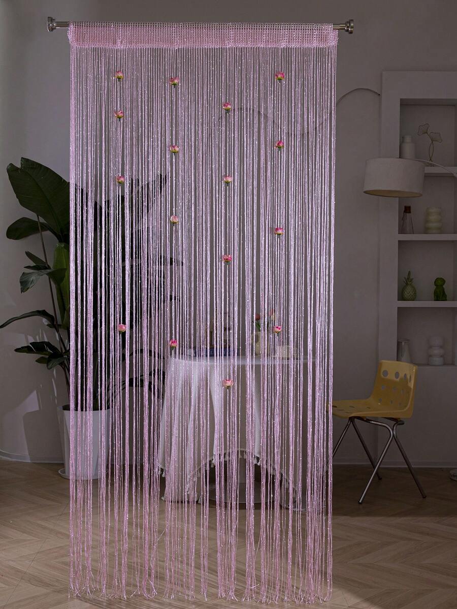 1pc Rose Flower String Curtain, 1*2m Silver Wire Woven Flower Curtain, Finished Product Room Divider Entrance Curtain - 1PC - View 1