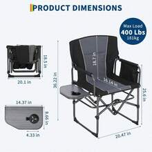 Silla de director de aluminio con bolsillos laterales, respaldo plegable y diseño ligero portátil. Fabricada en tela PVC 600D y malla 3D transpirable - Negro y gris - Ver 2