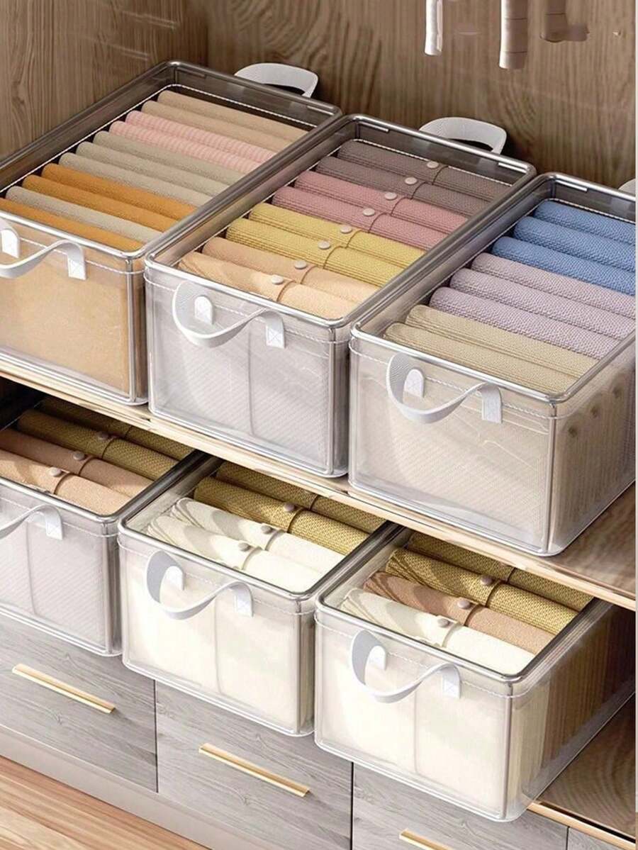 1pc PVC Steel Frame Storage Box With Lid, Foldable Transparent Clothing, Underwear, Toys, Miscellaneous Items Organizer Box For Home Use - Clear - View 1