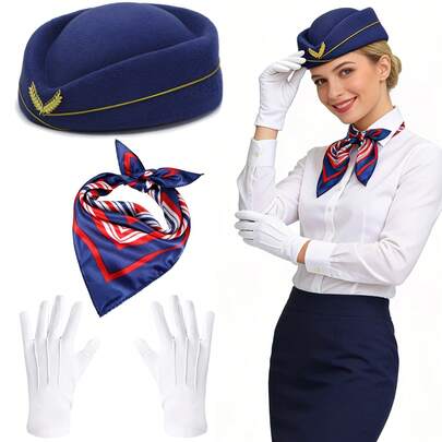 3pcs Women Stewardess Uniform Set Including Hat, Scarf, Gloves, Airline Crew Cosplay Accessories Suitable For Halloween Party