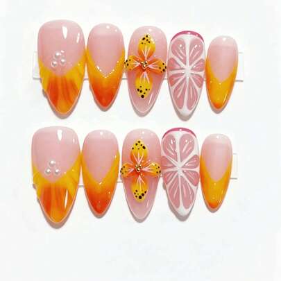 nailrosy 10片手工亚克力按压式美甲贴片，粉色透明中杏仁形甲片，短款3D立体花朵美甲用品，假指甲贴片，美甲工具，适用于婚礼、生日派对、Y2K风格美甲，可爱法式水果橙子夏季美甲