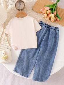 2pcs Young Girls Casual Apricot Short Sleeve Top & Embroidered Denim Long Pants Set, Thin Spring/Summer Outdoor - Apricot - View 2