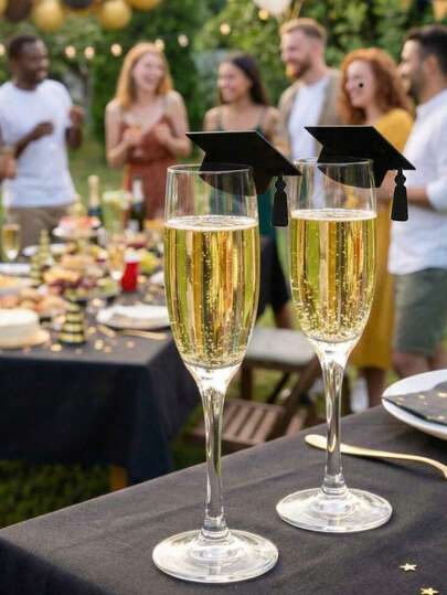 5pcs/Set Black Graduation Cap & Champagne Glass Decor, Elegant Graduation Party Wine Glass Markers, Tassel Star Pendant Glass Rim Decor, Holiday Party Tabletop Centerpiece, Graduation Celebration Supplies
